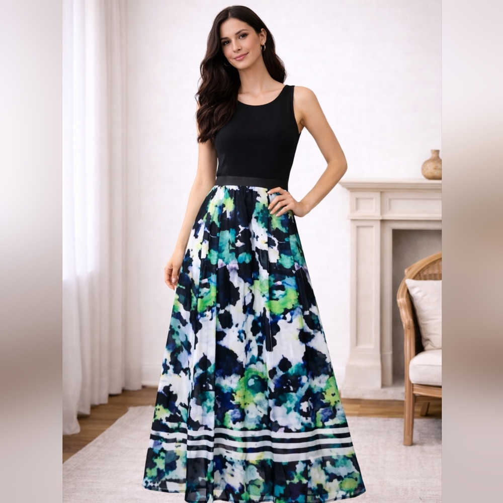 Betsy Adam Black Floral Maxi Dress Sheer Waist Sleeveless Formal Size 6